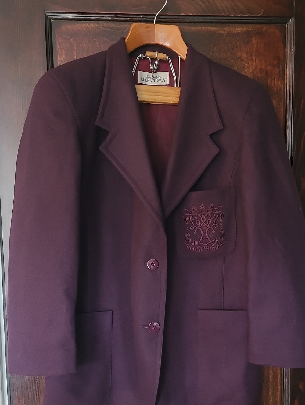 Ellen Tracy Deep Plum Embroidered Pocket Blazer